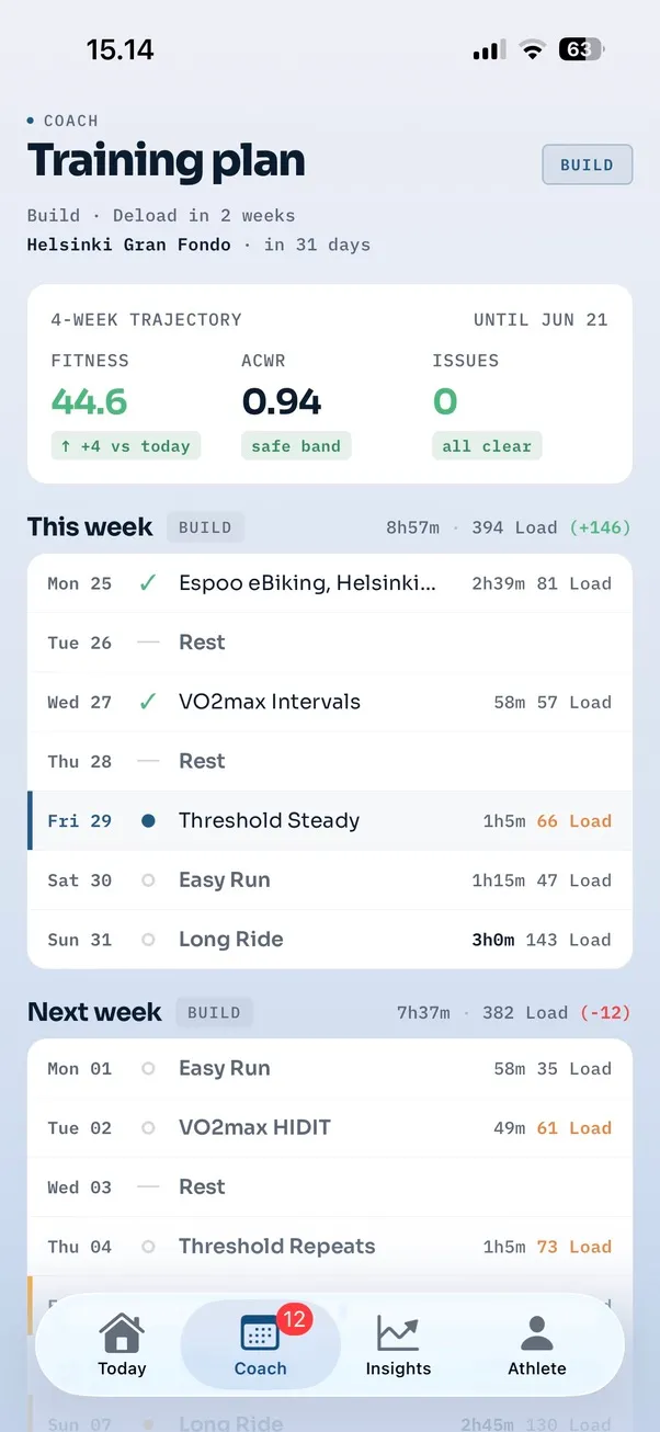 Routa Coach view showing a multi-week training plan